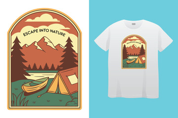 Mountain camping. Adventure at the mountain graphic artwork for t shirt and others. River and waterfall with hill artwork. Mountain with tree vintage print design. good life. Bench hand sketch. 