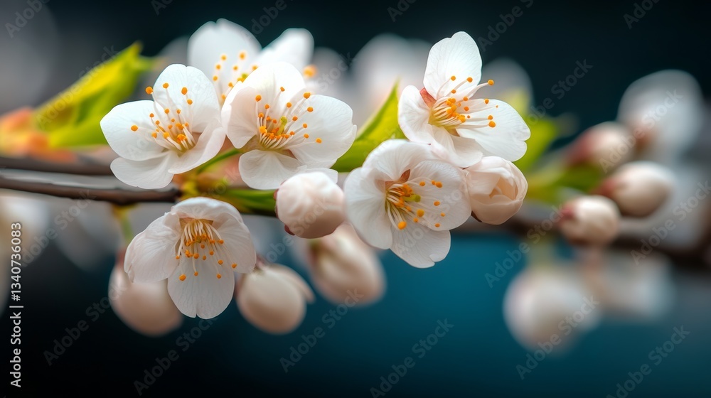 Poster close up of a branch with white flowers. the flowers are in full bloom and are arranged in a way tha