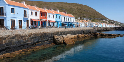 Un puerto pesquero en una aldea escocesa, donde casas de piedra con techos de pizarra se alinean junto al mar, reflejando sus colores en las aguas tranquilas.