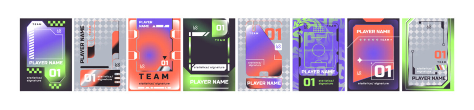 Set of sports trading card templates. Different designs of badge of basketball, football players, sportsmen with photo frame and information about team, athlete, game. Flat vector illustrations