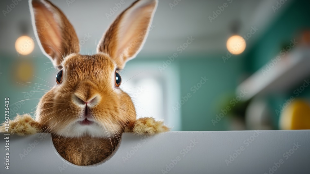 Poster rabbit is peeking out from a hole in a white board. the rabbit is looking at the camera with a curio