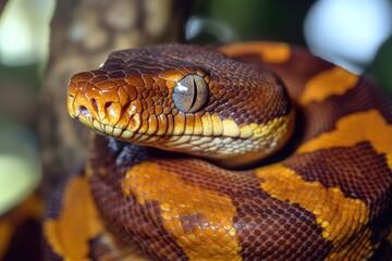 Obraz premium A close-up shot of a snake curled around a tree branch, with details visible in its scales and eyes