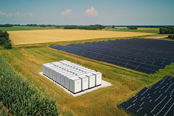 A network of battery storage units operates off-grid alongside expansive solar panels in a remote agricultural setting