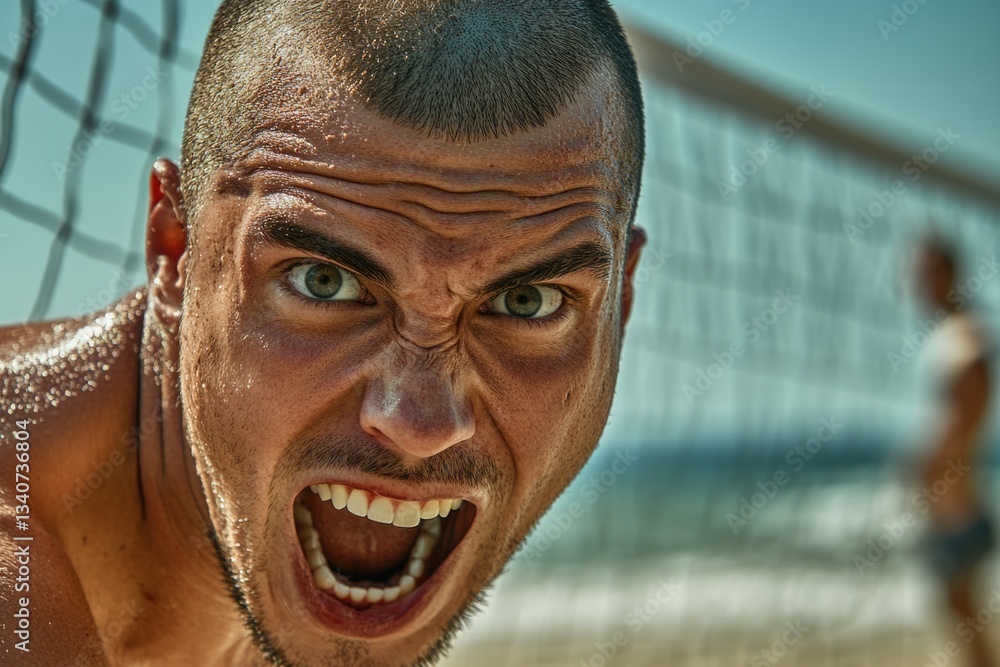 Poster a person enjoying a game of beach volleyball, with a net in the background