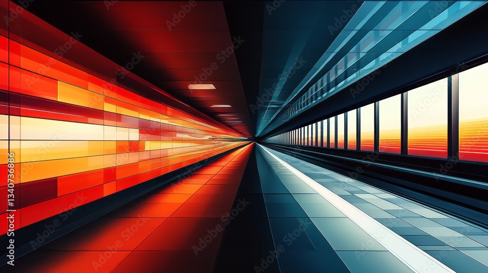 Poster symmetrical image of a modern subway station split in half