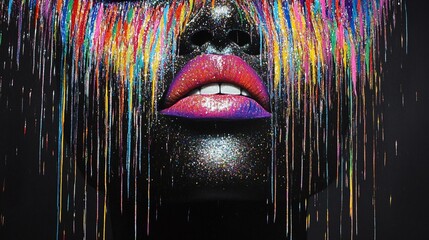 Abstract portrait with vibrant colors dripping from lips.