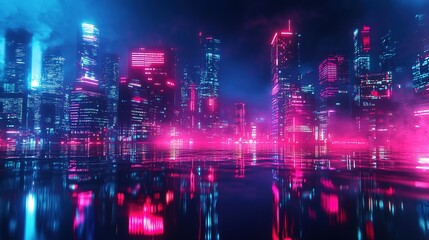 Fototapeta premium Futuristic cyberpunk city skyline reflecting at night with pink and blue neon lights. Ai generative