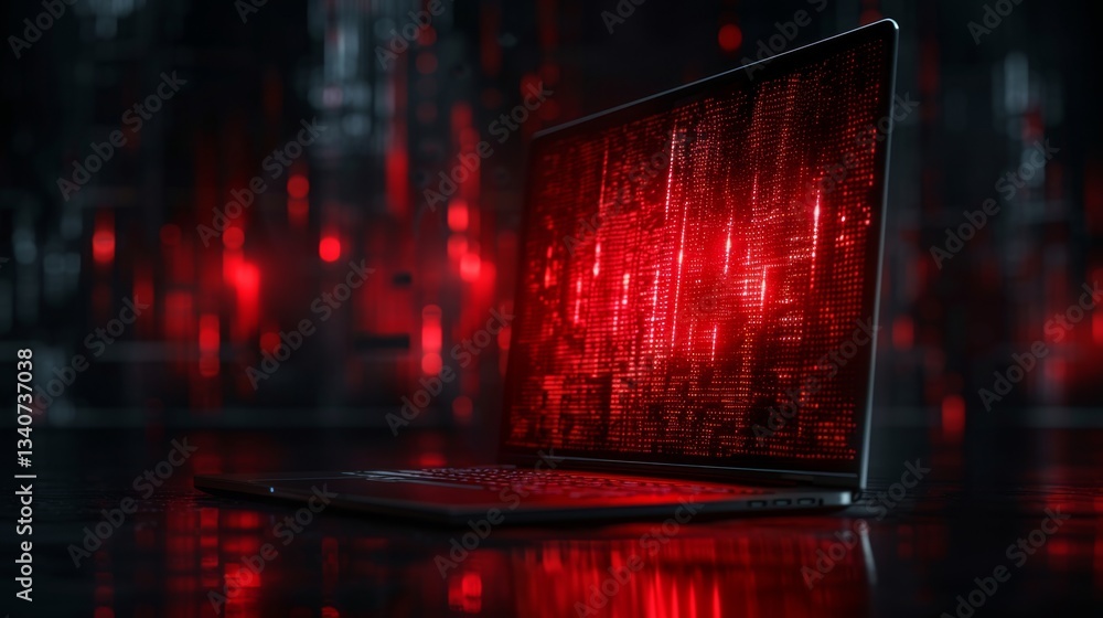 Poster malware and data breach threat visualization with glowing red tones on a laptop screen