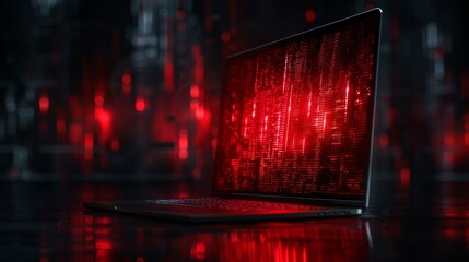 Malware and data breach threat visualization with glowing red tones on a laptop screen