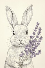Obraz premium Lighthearted rabbit drawing, half-filled with soft lavender, simplistic art