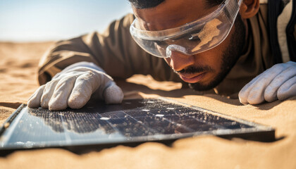 An Arab man in protective gear closely inspects a solar panel on the sandy terrain of a desert, highlighting renewable energy efforts