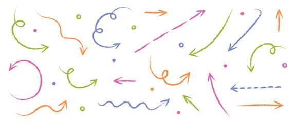 Collection of hand drawn arrows in pencil style. Cartoon shapes. Vector illustration