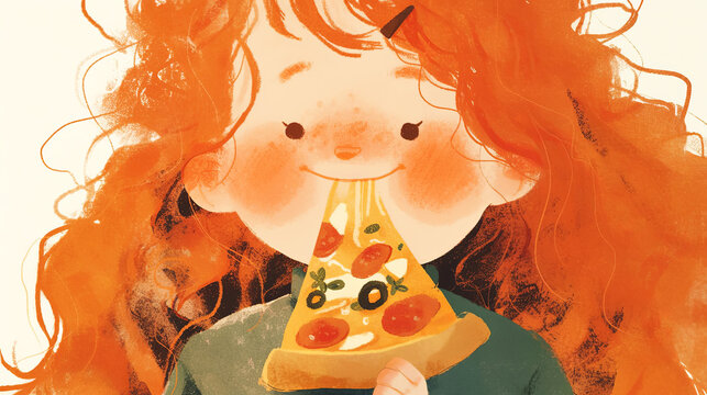 Delight in the charm of a cheerful child enjoying a slice of pizza, illustrated with warm and playful colors