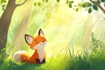 playful cartoon fox cub having fun in the sunny forest, Generative AI.