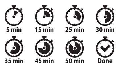 Stopwatch icon set. Line and glyph stopwatch timer. Countdown timer collection.