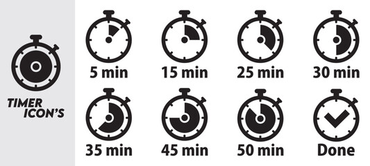 Stopwatch icon set. Line and glyph stopwatch timer. Countdown timer collection.