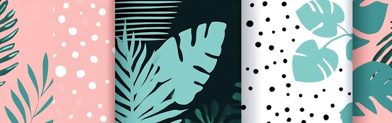 A collection of four patterns in teal, pink, and yellow, featuring monstera leaves and zebra stripes
