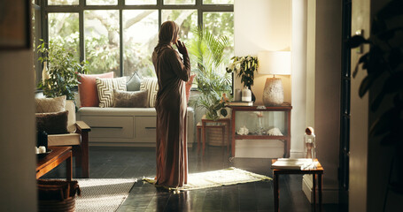 Muslim, prayer and faith with woman at home for gratitude, ramadan kareem and worship. Spiritual,...