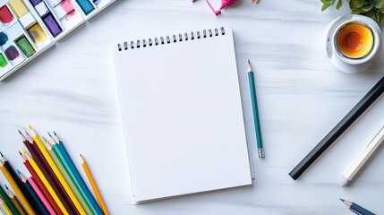 Blank Sketchbook for Art Supplies, Flatlay.