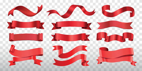 Red ribbons design isolated illustration, vector set