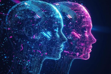 Fototapeta premium A poster for an AI conference. It features a profile view of two humanoid faces made up entirely from circuitry and digital lines, in blue and purple color tones