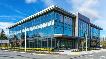 Modern office building with large glass windows and sleek design.