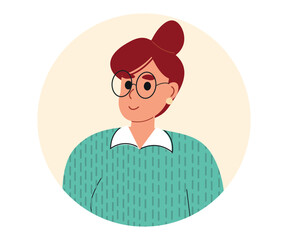 The icon is a woman in black glasses with a bun on her head and wearing a sweater. Modern flat vector illustration