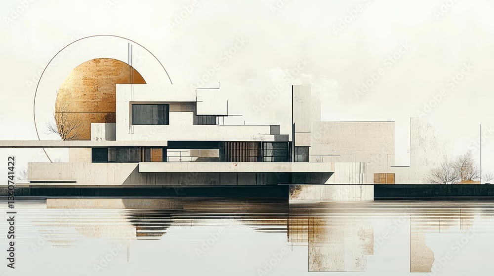 Poster modernist architecture reflected on calm water with abstract geometric shapes