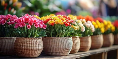 Fototapeta premium A close-up of vibrant spring flowers in woven baskets, perfect for garden events, Easter celebrations, and floral design projects, evoking renewal and joy.