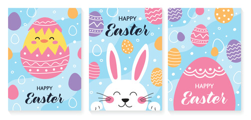 Happy Easter - greeting card set. Easter bunny, egg and cute chick. Colourful hand drawn elements in cartoon style. Vector illustration