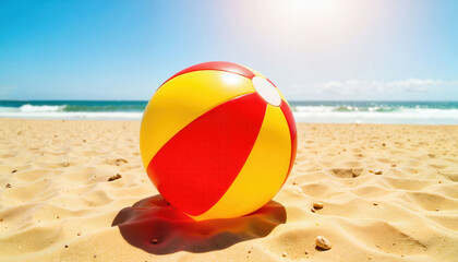 Obraz premium Vibrant beach ball resting on sandy shore, summer fun concept