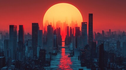 Fototapeta premium Skyline of a futuristic city under a massive sunset