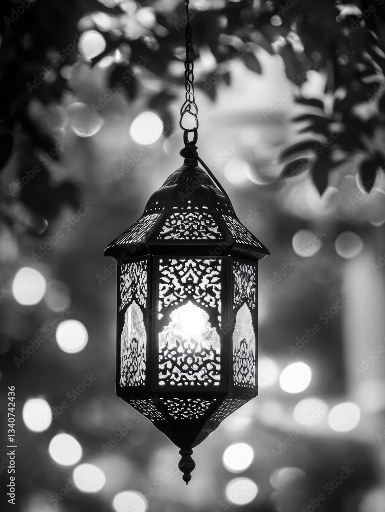 Poster a simple black and white image of a lantern suspended from a tree branch, great for use in illustrat