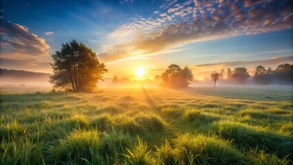 Serene Dawn Meadow: Dew-Kissed Grass & Misty Sunrise Stock Photo