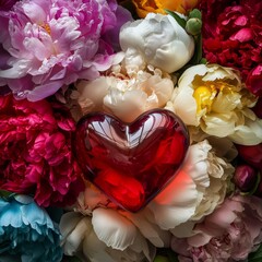 Beautiful bouquet of colorful peonies with a red glass heart, Generative AI