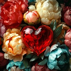 Beautiful bouquet of colorful peonies with a red glass heart, Generative AI