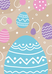 Colourful Easter greeting card with hand painted eggs. Cartoon style design. Vector illustration