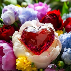 Beautiful bouquet of colorful peonies with a red glass heart, Generative AI
