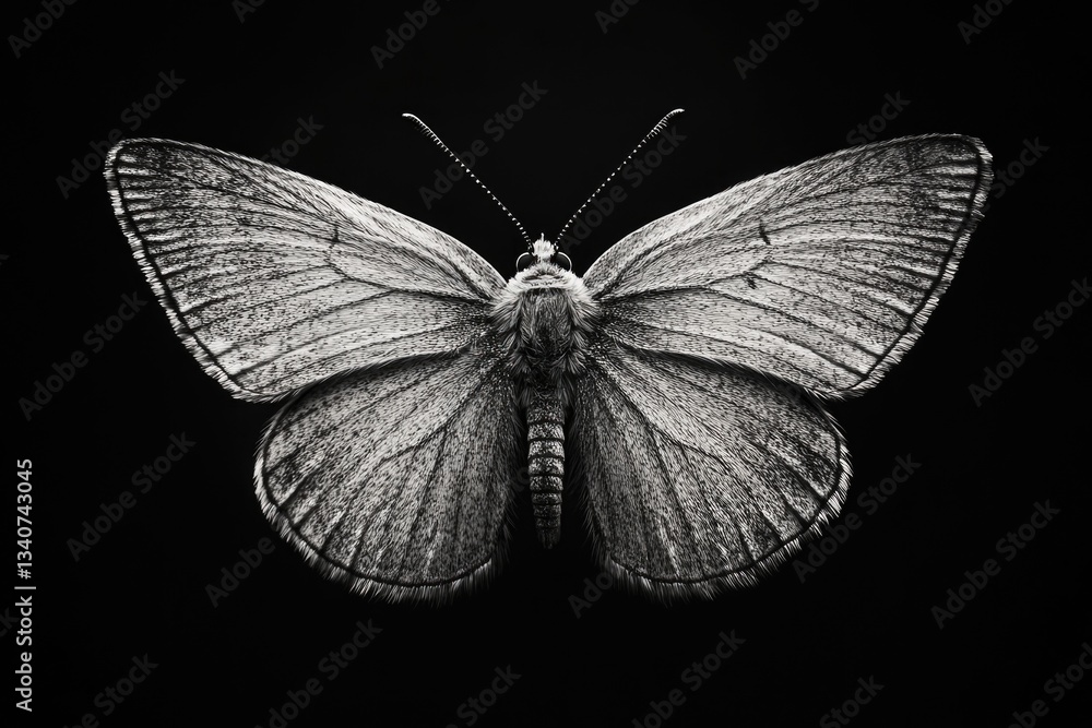 Poster a close-up view of a butterfly's body in monochrome, highlighting its texture and patterns
