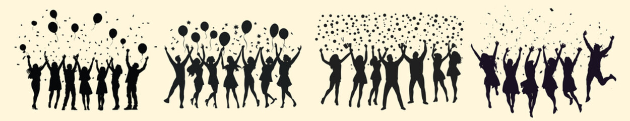 Silhouettes celebrating with balloons confetti, element vector set