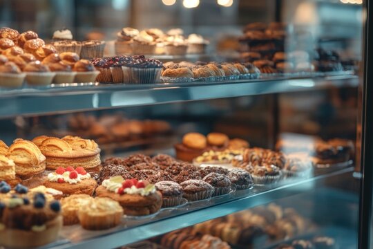 A colorful display case filled with various pastries