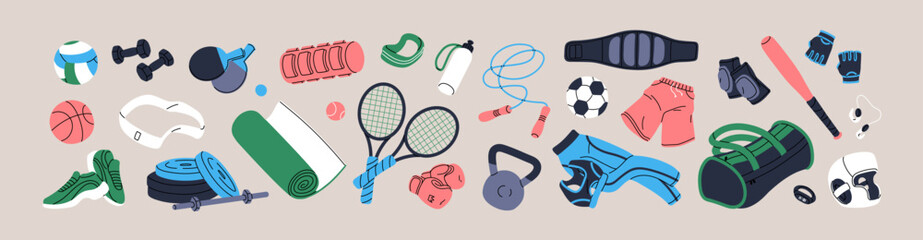 Set of different sports equipment. Various fitness gym accessories, training items. Workout supplies: balls, barbell, rackets, skipping rope, yoga mat, baseball bat. Flat isolated vector illustrations © Paper Trident