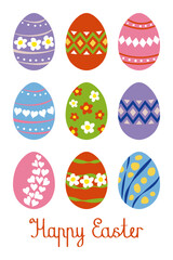 Happy Easter. Eggs colorful illustration on white background. Vector design elenemts in flat hand draw style. Religions Easter card.