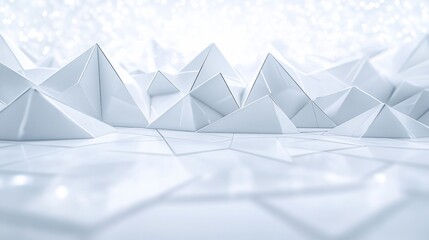 Abstract white geometric landscape with peaks and valleys.