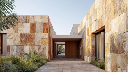 Fototapeta premium Recycled stone cladding with unique patchwork textures, sustainable architecture