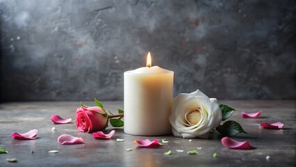 Serene Funeral Remembrance: White Candle, Rose & Petals on Grey Stone Background