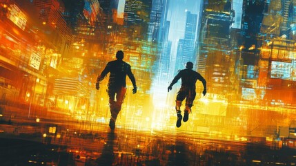 Silhouetted Men Running Through Futuristic City at Night