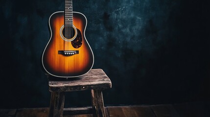 Acoustic guitar resting on a rustic stool against a dark backdrop.