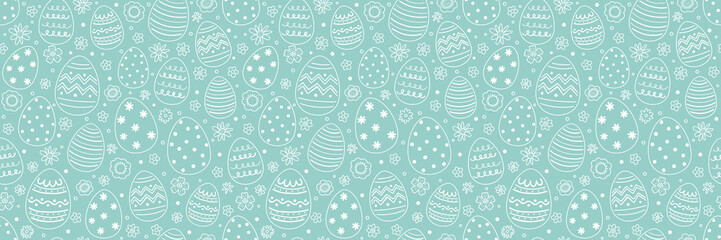 Easter seamless pattern with cute hand drawn eggs and flowers. Cartoon style background. Vector illustration