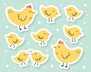 Collection of stickers with cartoon chicks and chickens. Easter chicks icons. Vector illustration